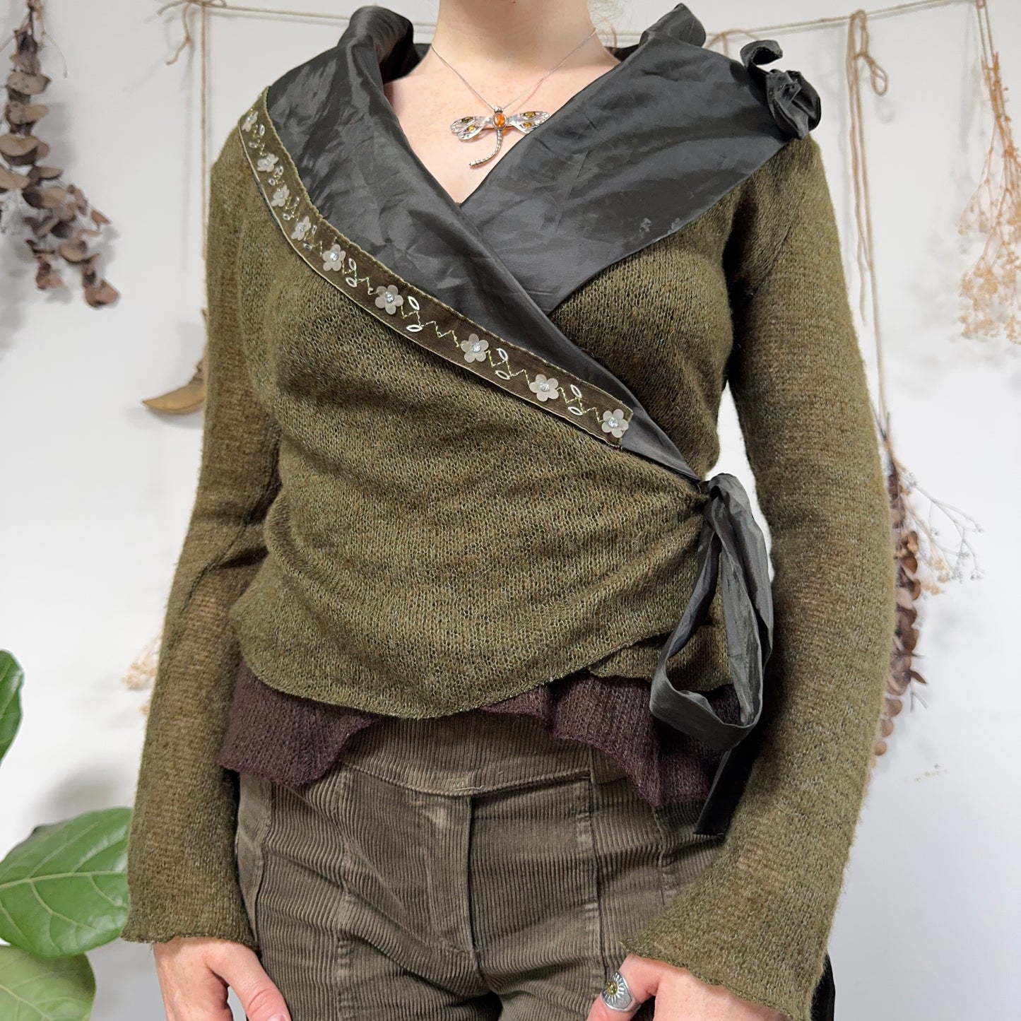 Green knit wrap top - size M