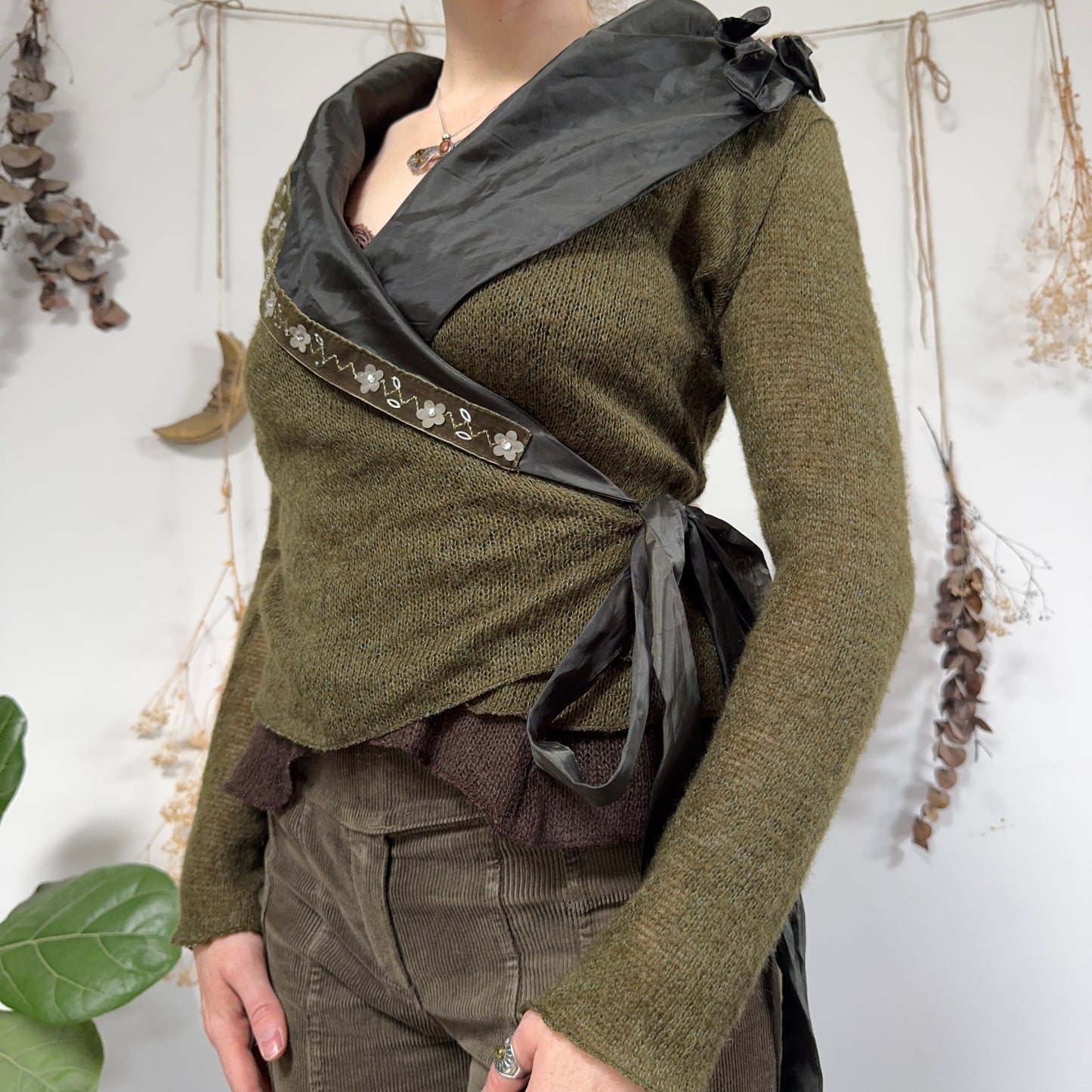 Green knit wrap top - size M