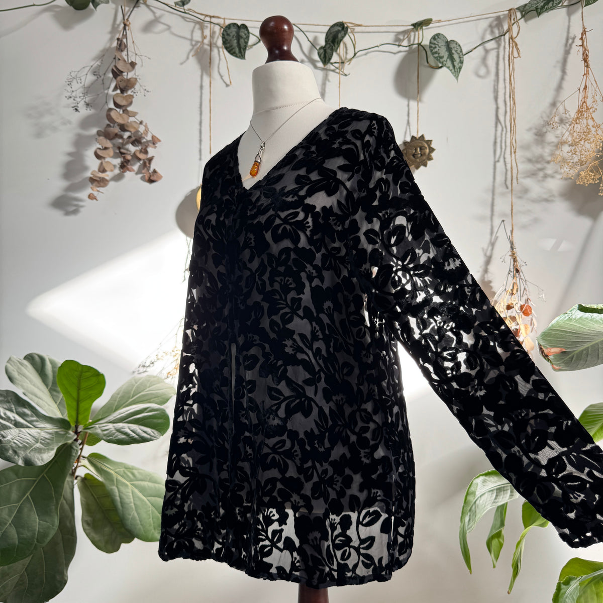 Black velvet embossed blouse - size L