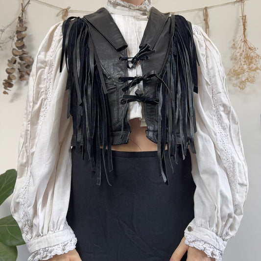 Black leather fringe waistcoat - size S/M