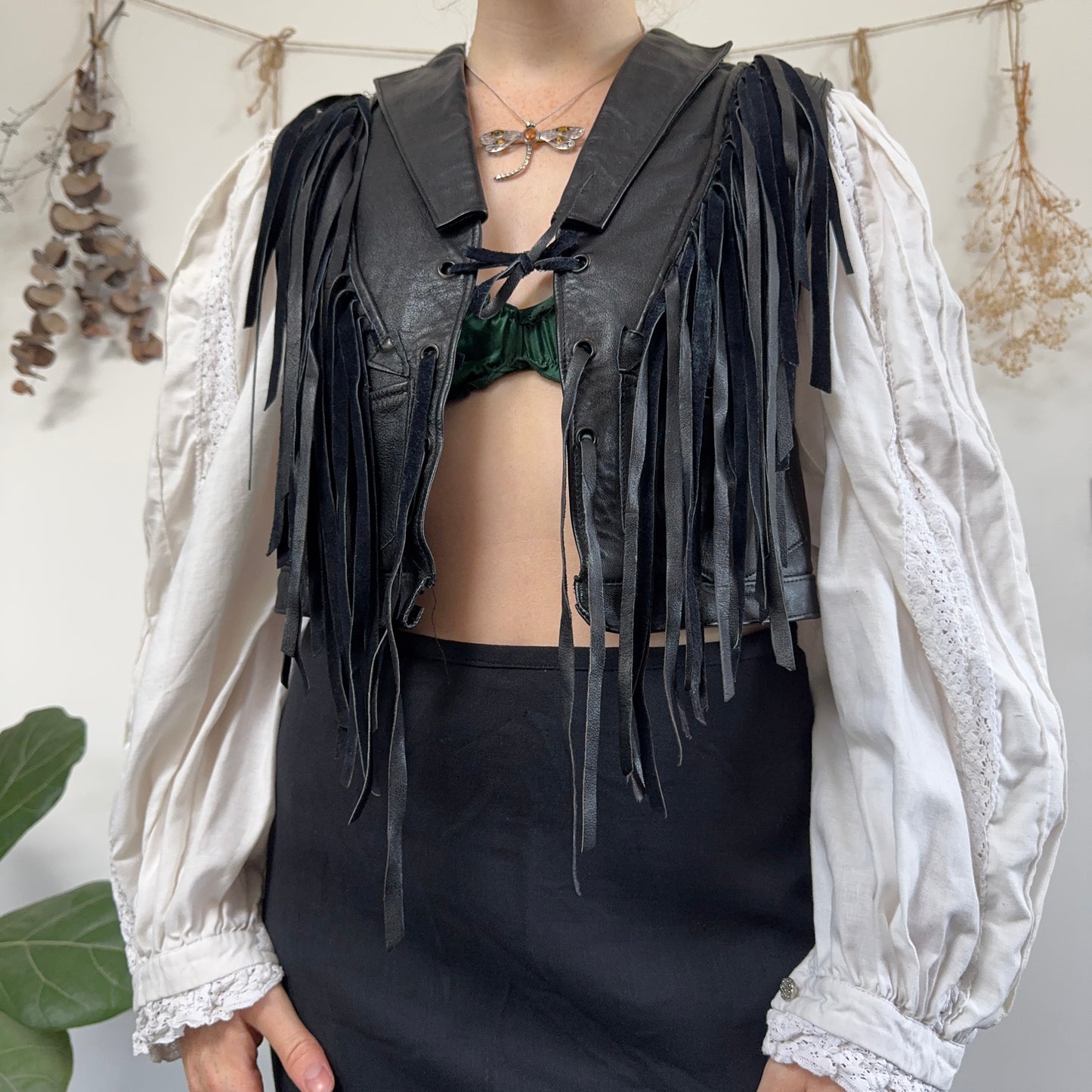 Black leather fringe waistcoat - size S/M