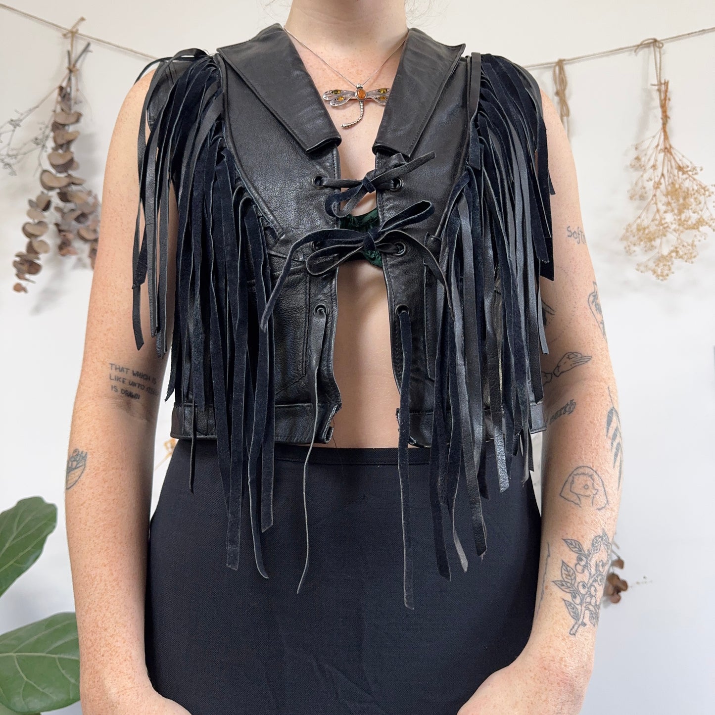 Black leather fringe waistcoat - size S/M