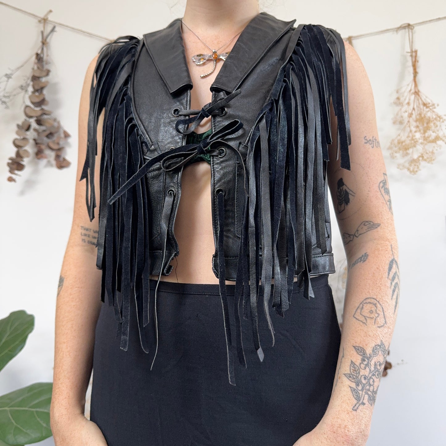 Black leather fringe waistcoat - size S/M