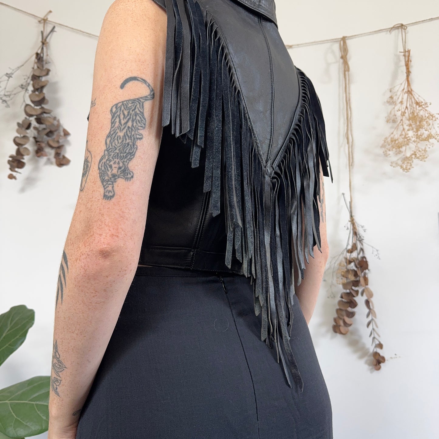 Black leather fringe waistcoat - size S/M