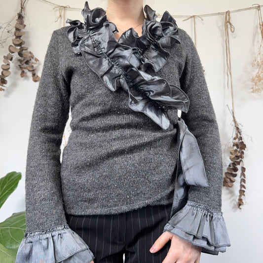 Grey knit wrap top - size M