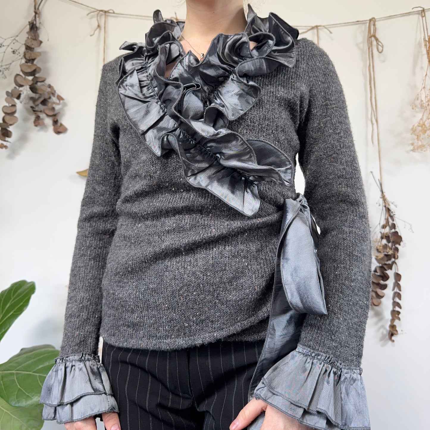Grey knit wrap top - size M