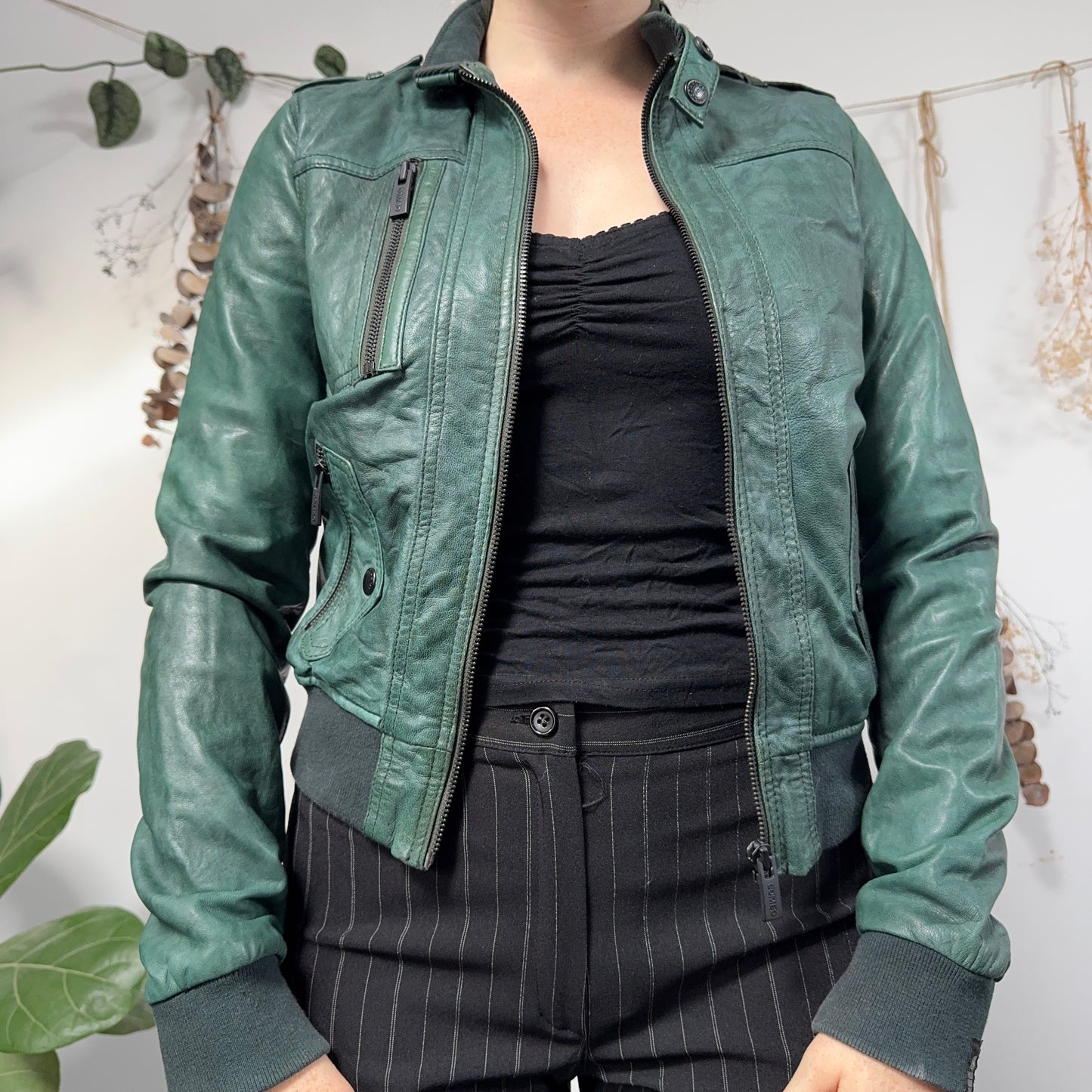 Green leather jacket - size S/M