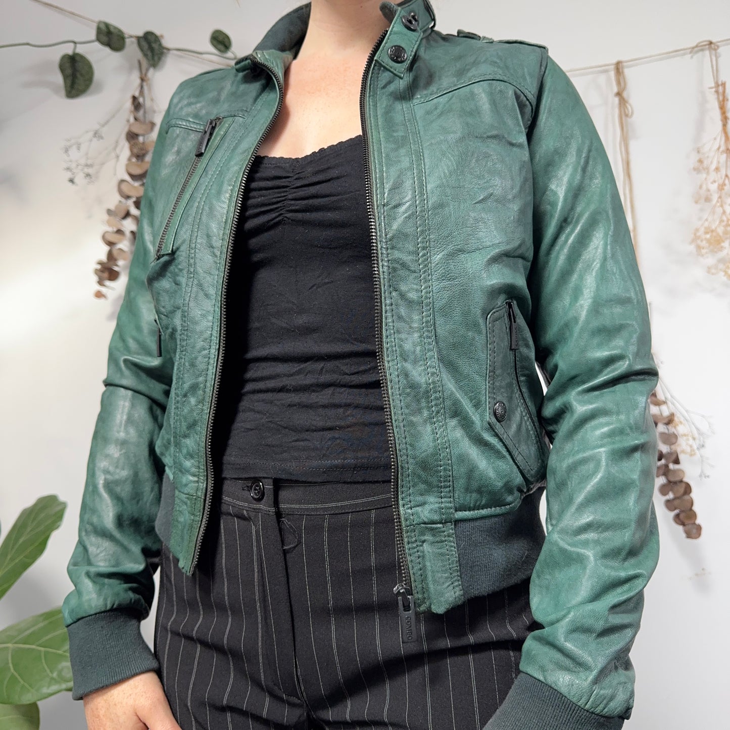 Green leather jacket - size S/M