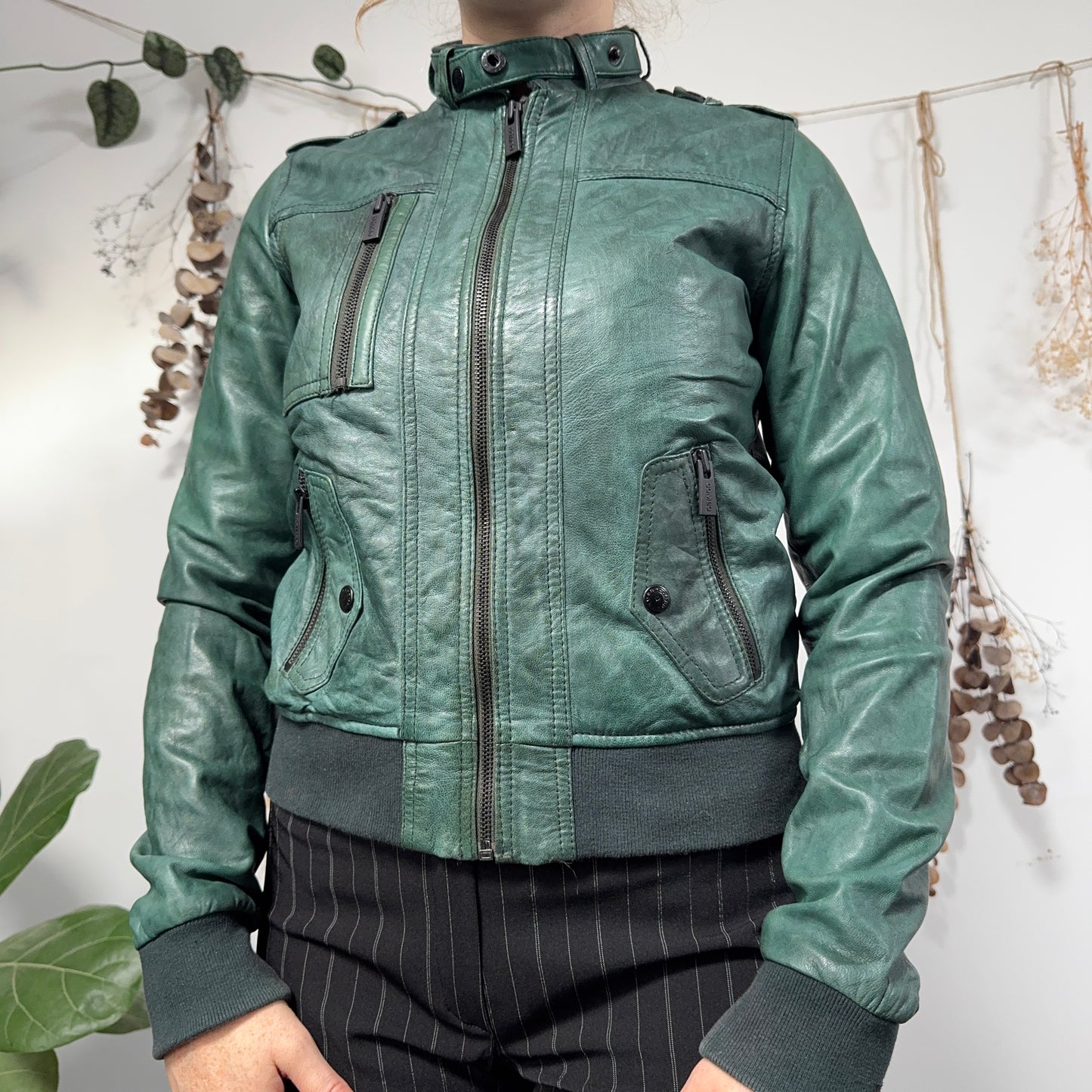 Green leather jacket - size S/M