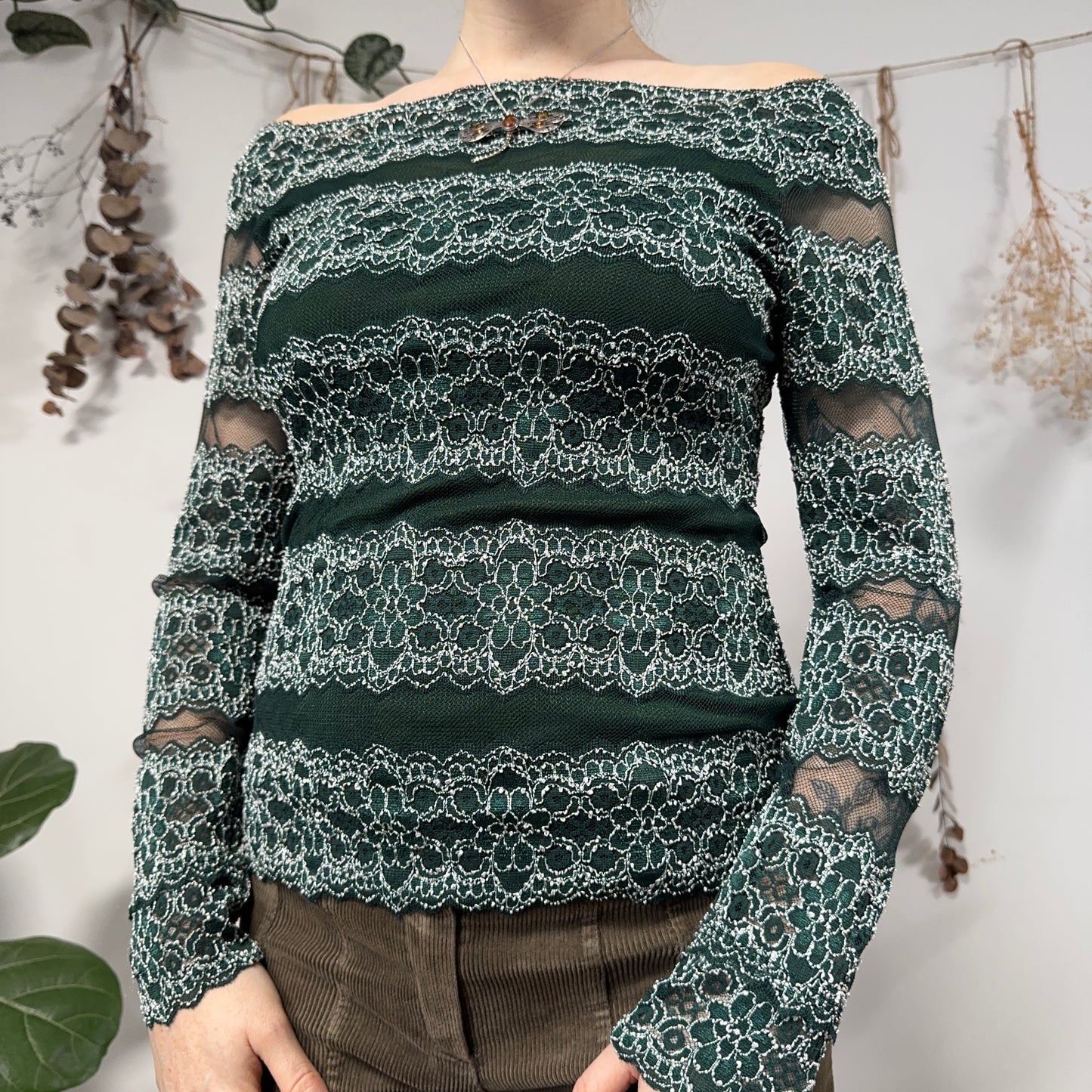 Green mesh lace top - size M