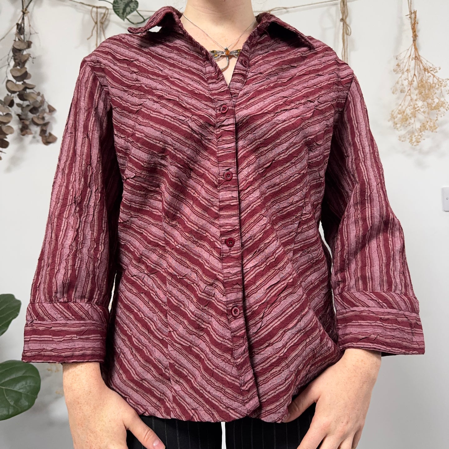 Burgundy striped blouse - size L/XL
