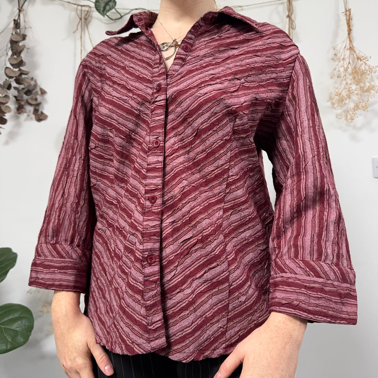 Burgundy striped blouse - size L/XL