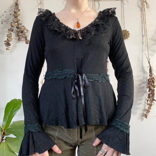 Black lace ruffle top - size M/L