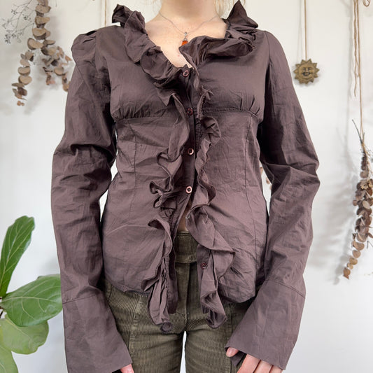 Brown ruffle blouse - size M