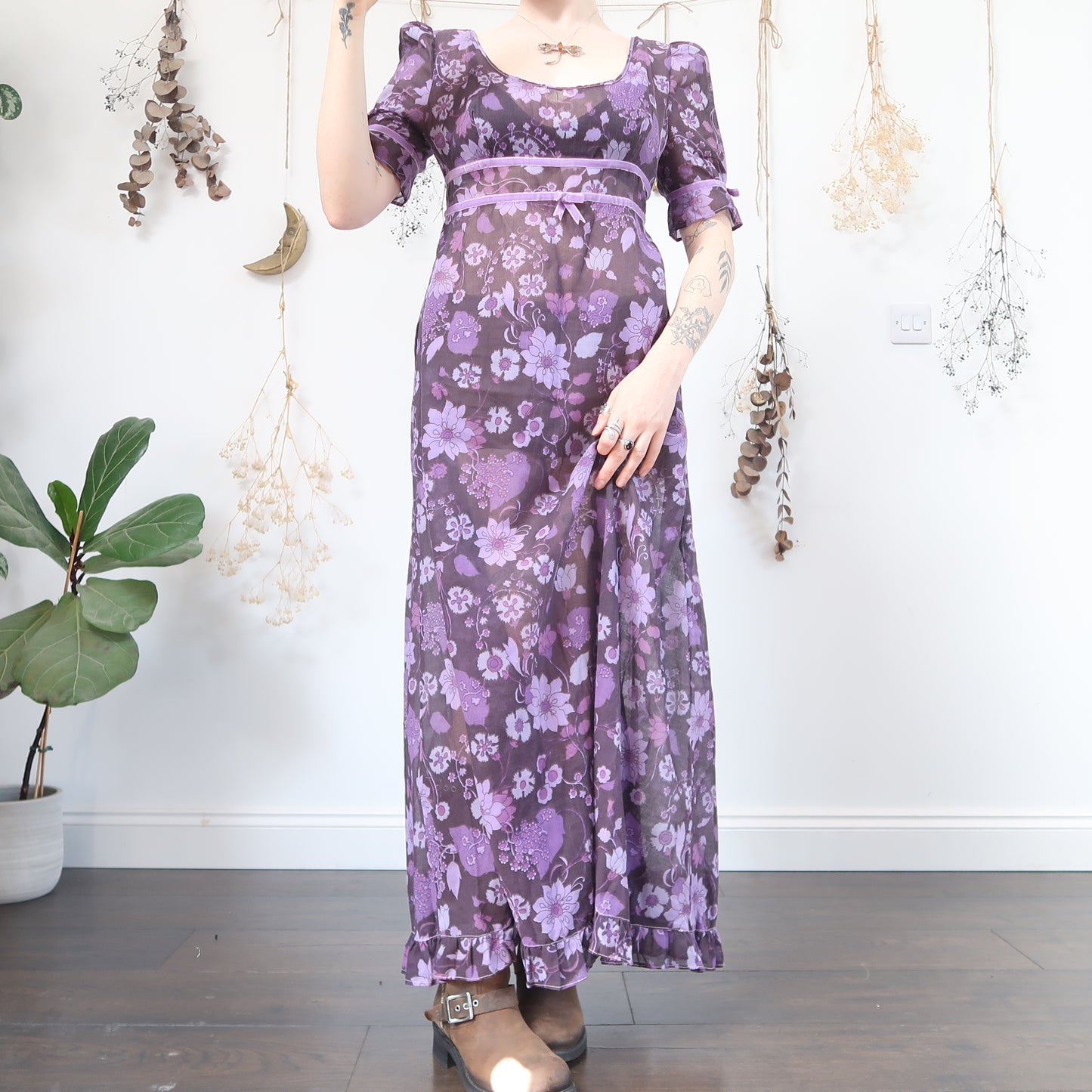 70s purple floral dress - size S