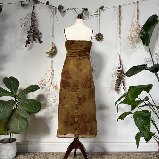 Ochre green floral dress - size S/M