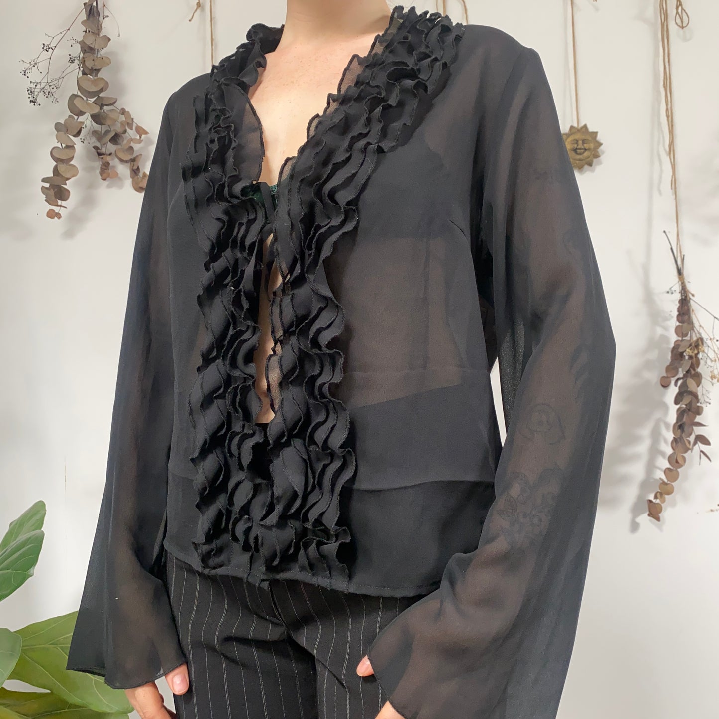 Black tie up blouse - size L/XL