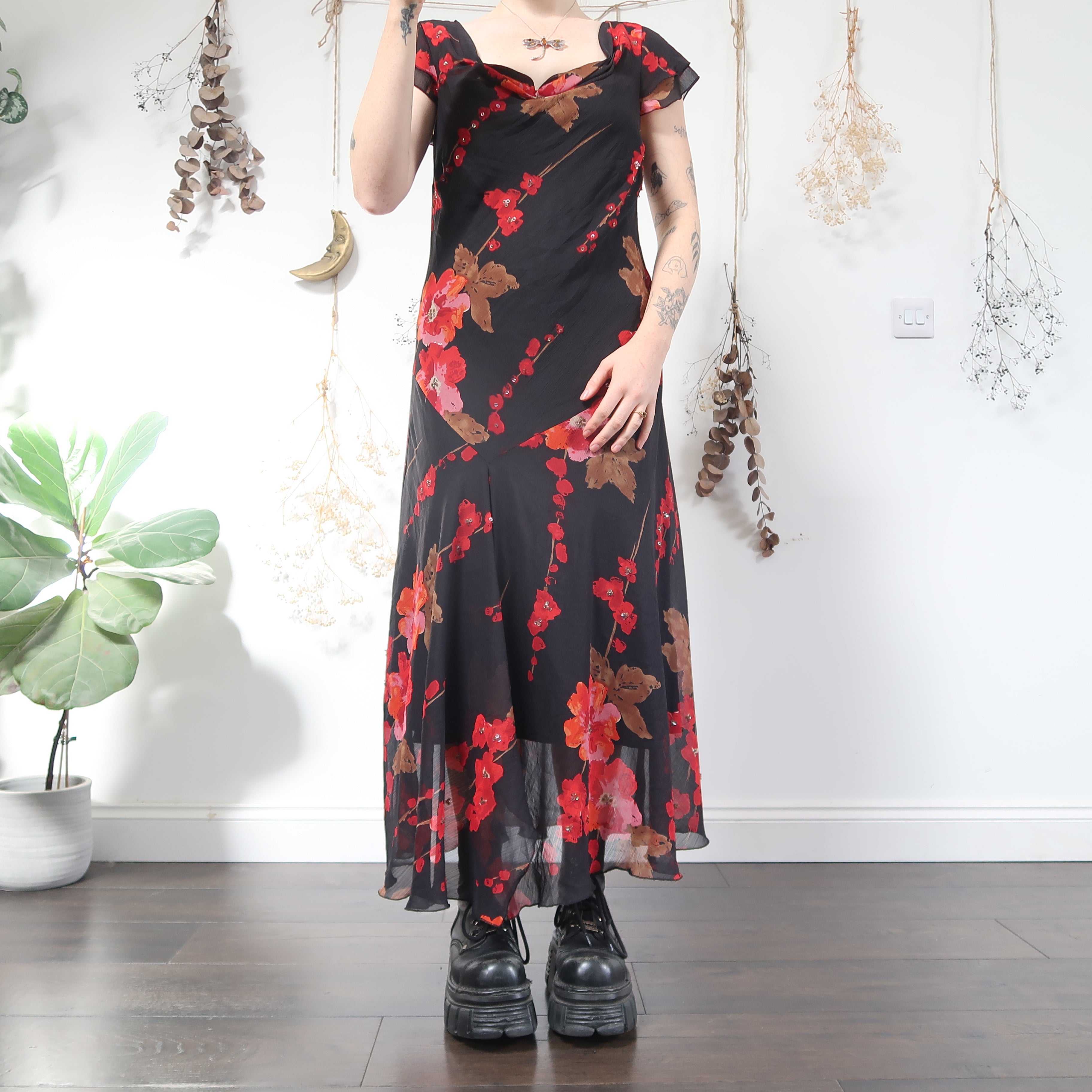 Black red floral dress