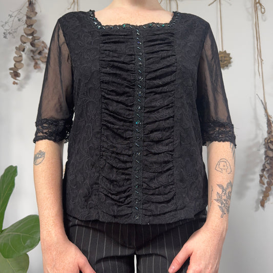 Black lace mesh top - size L