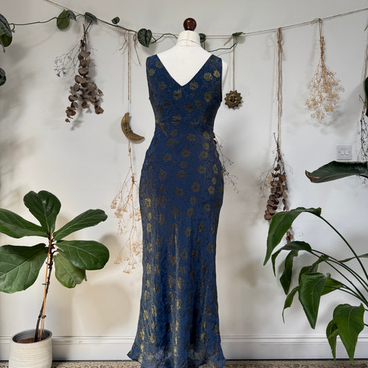 Navy gold floral dress - size M