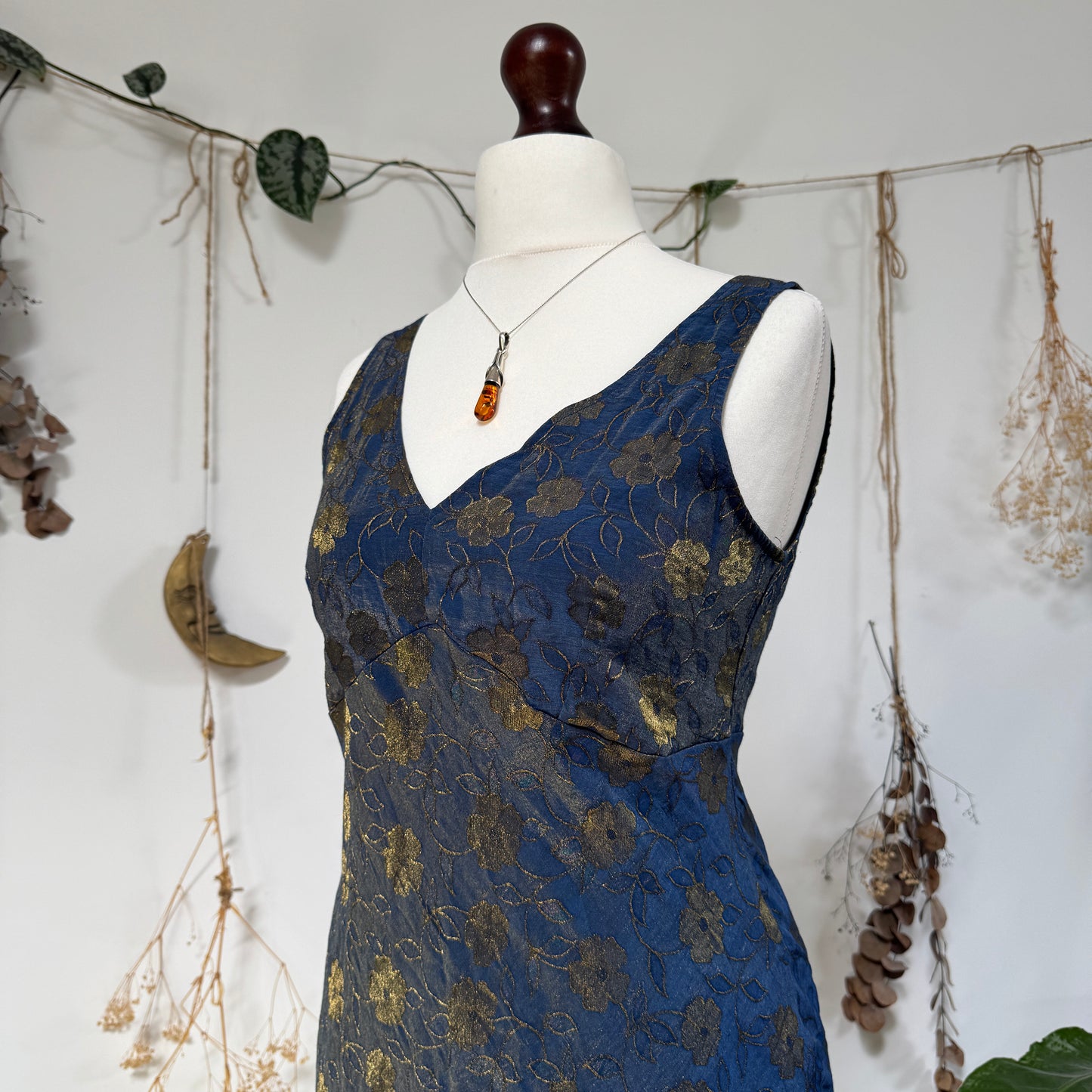 Navy gold floral dress - size M