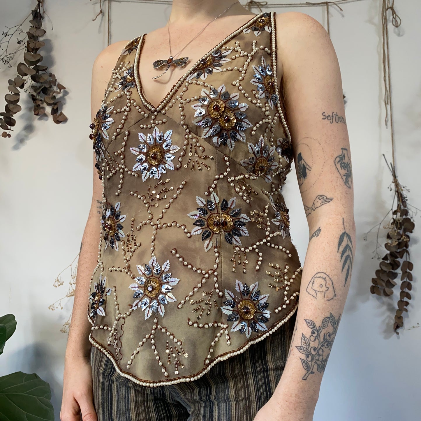 Earthy beaded top - size L