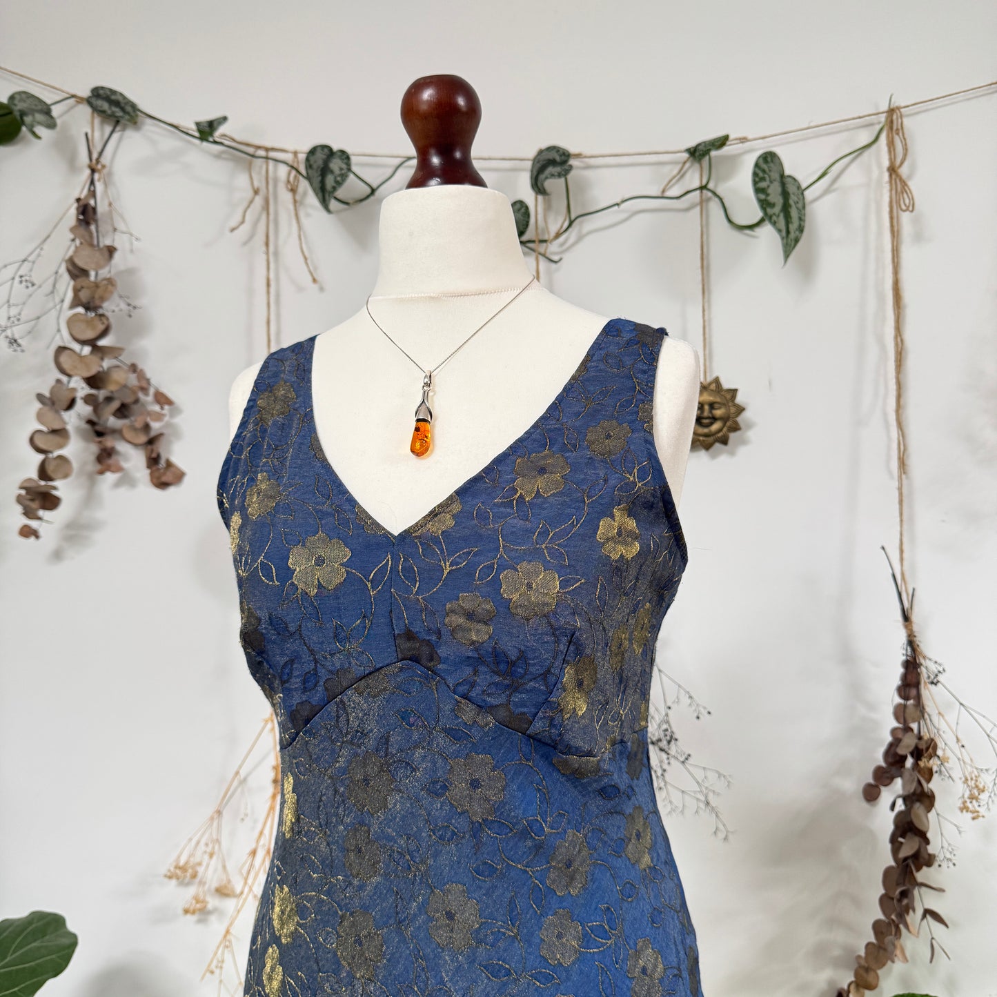Blue gold floral dress - size M