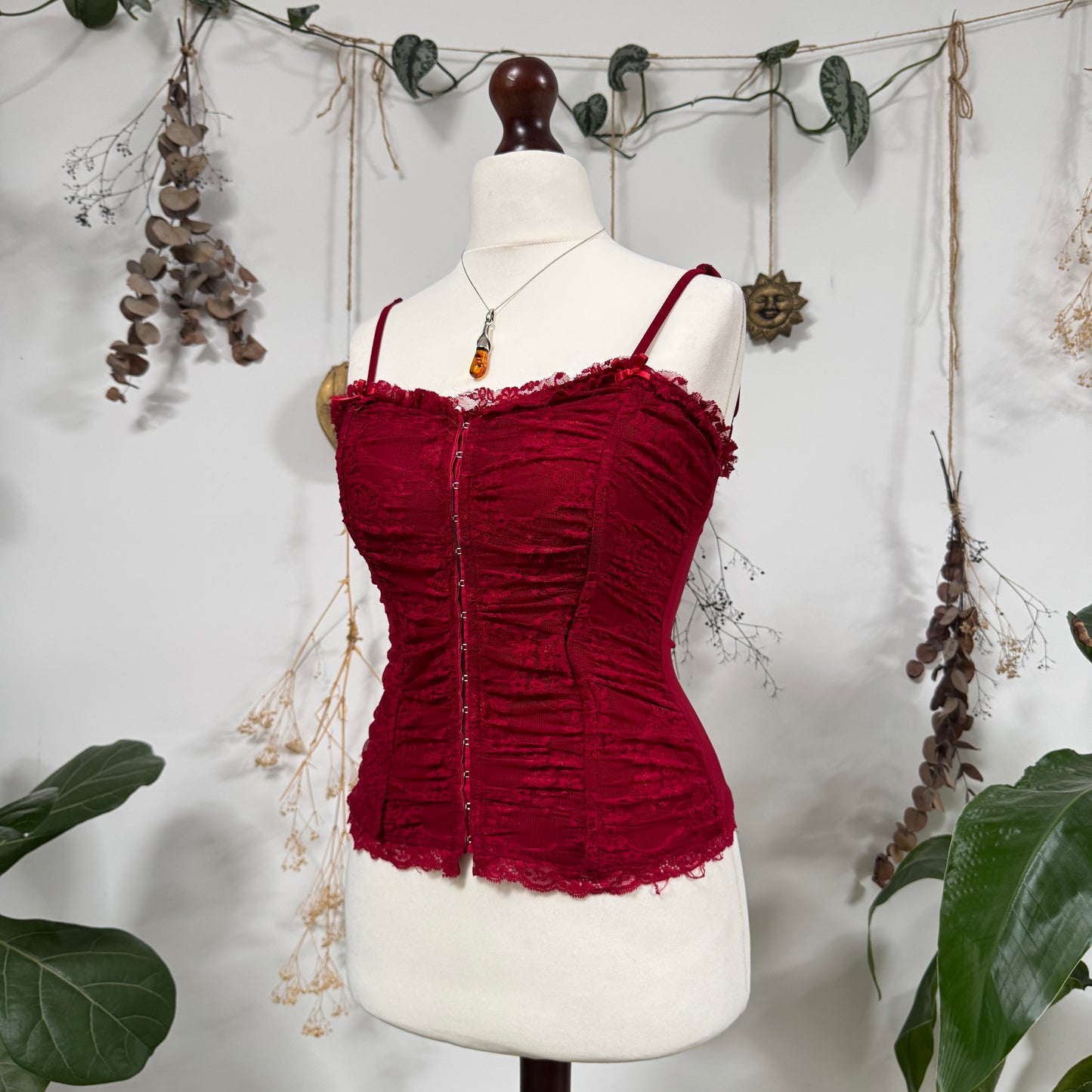 Red lace ruched cami - size S