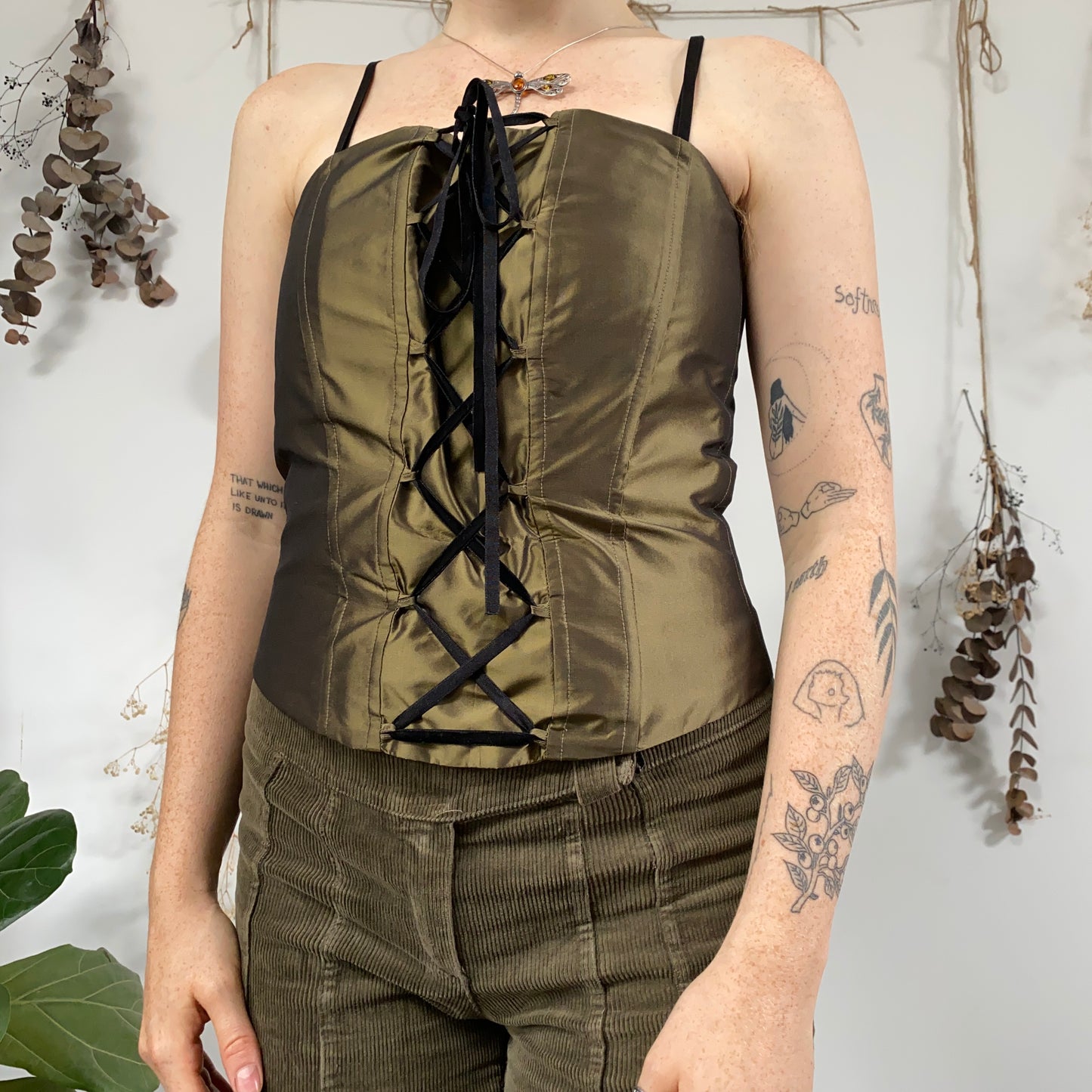 Silk green corset top - size M