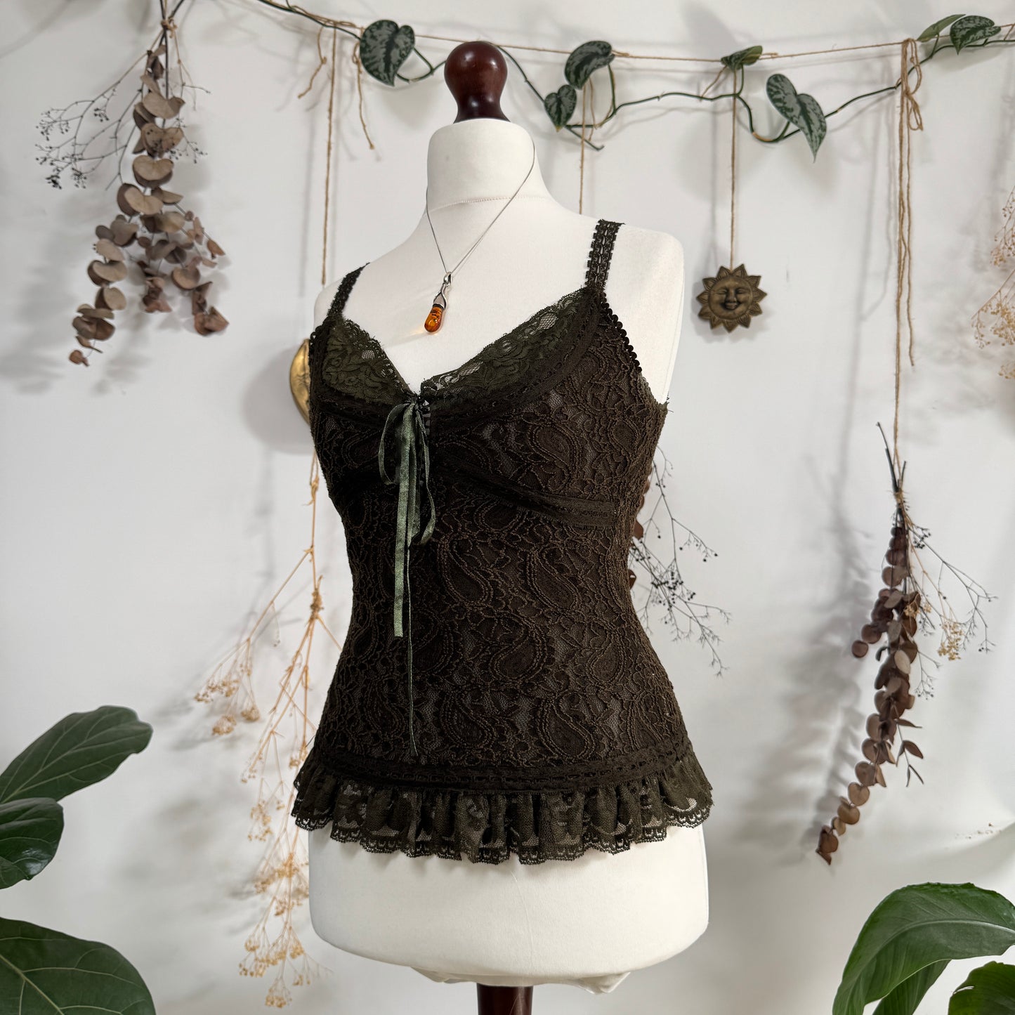 Khaki lace cami - size M