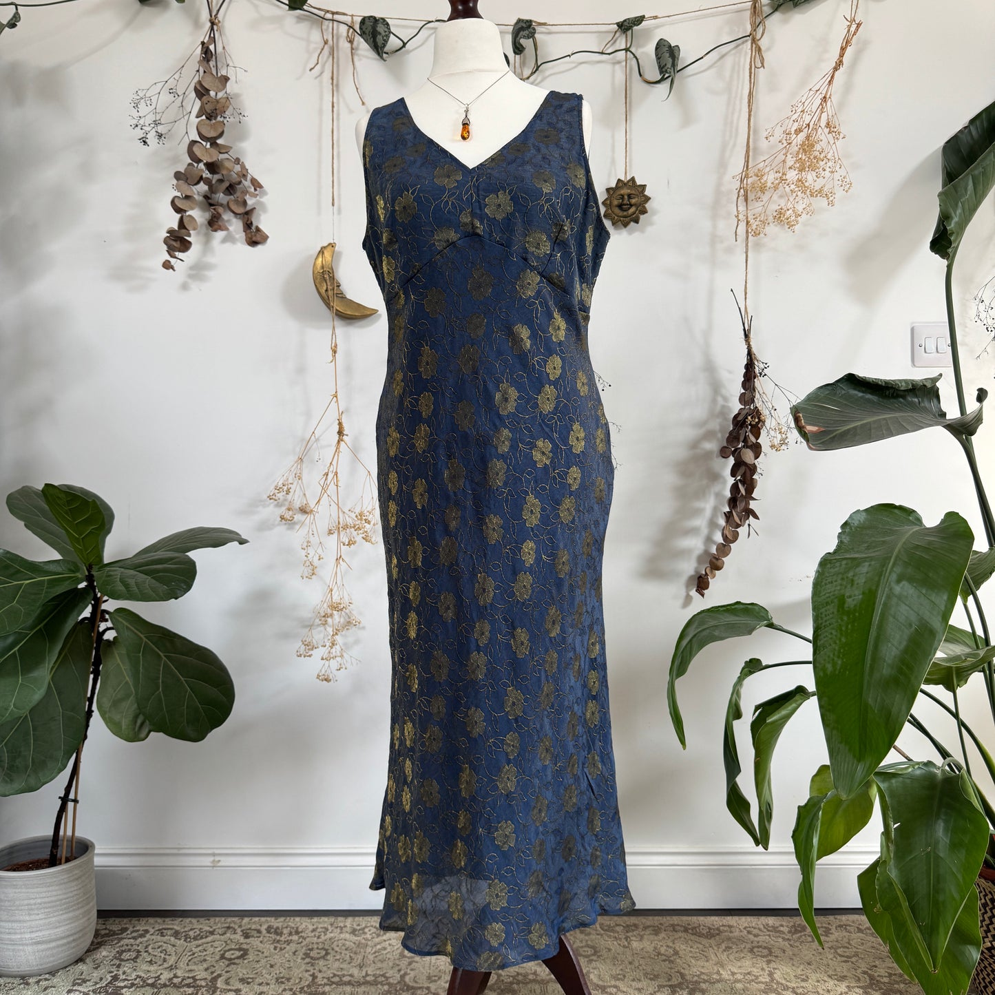 Blue gold floral dress - size L