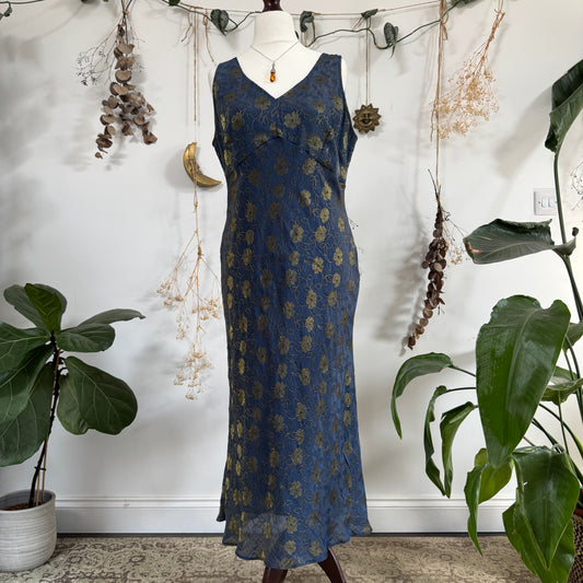 Blue gold floral dress - size L