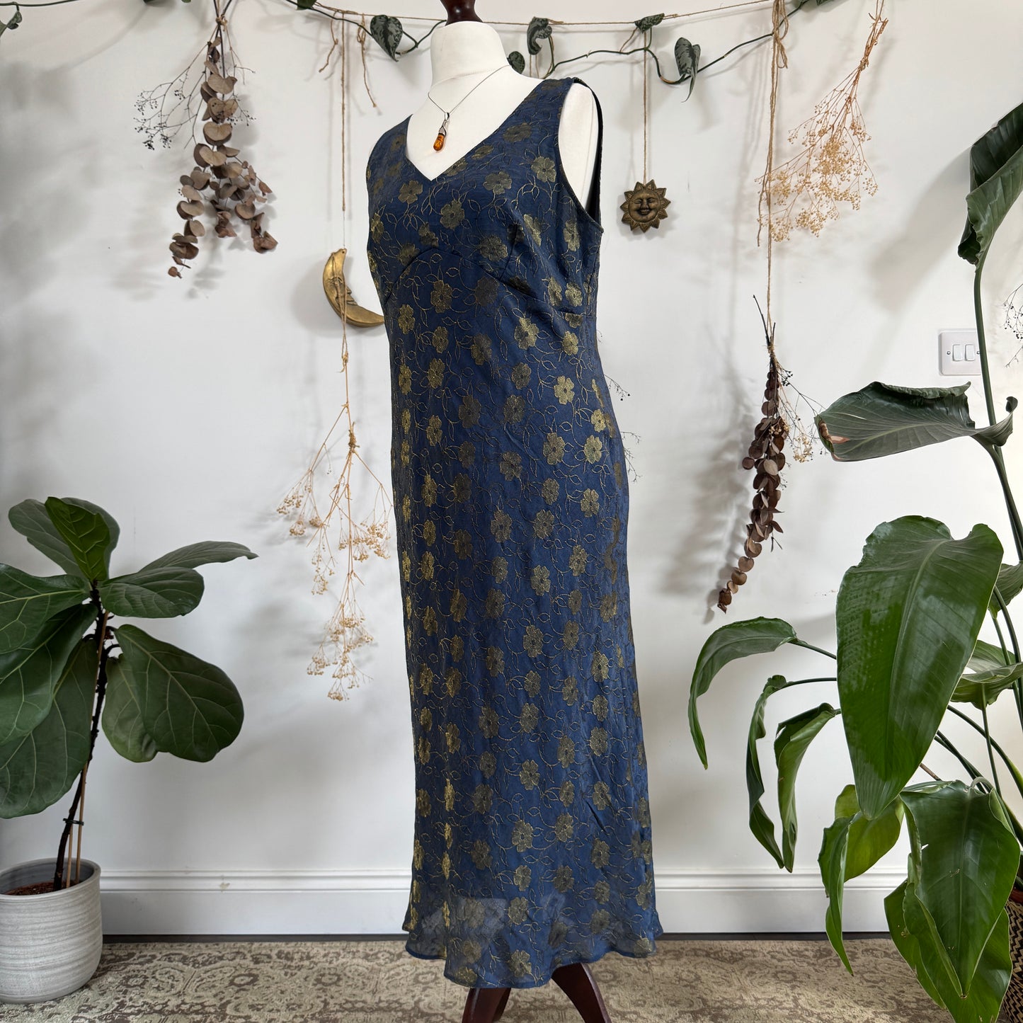 Blue gold floral dress - size L