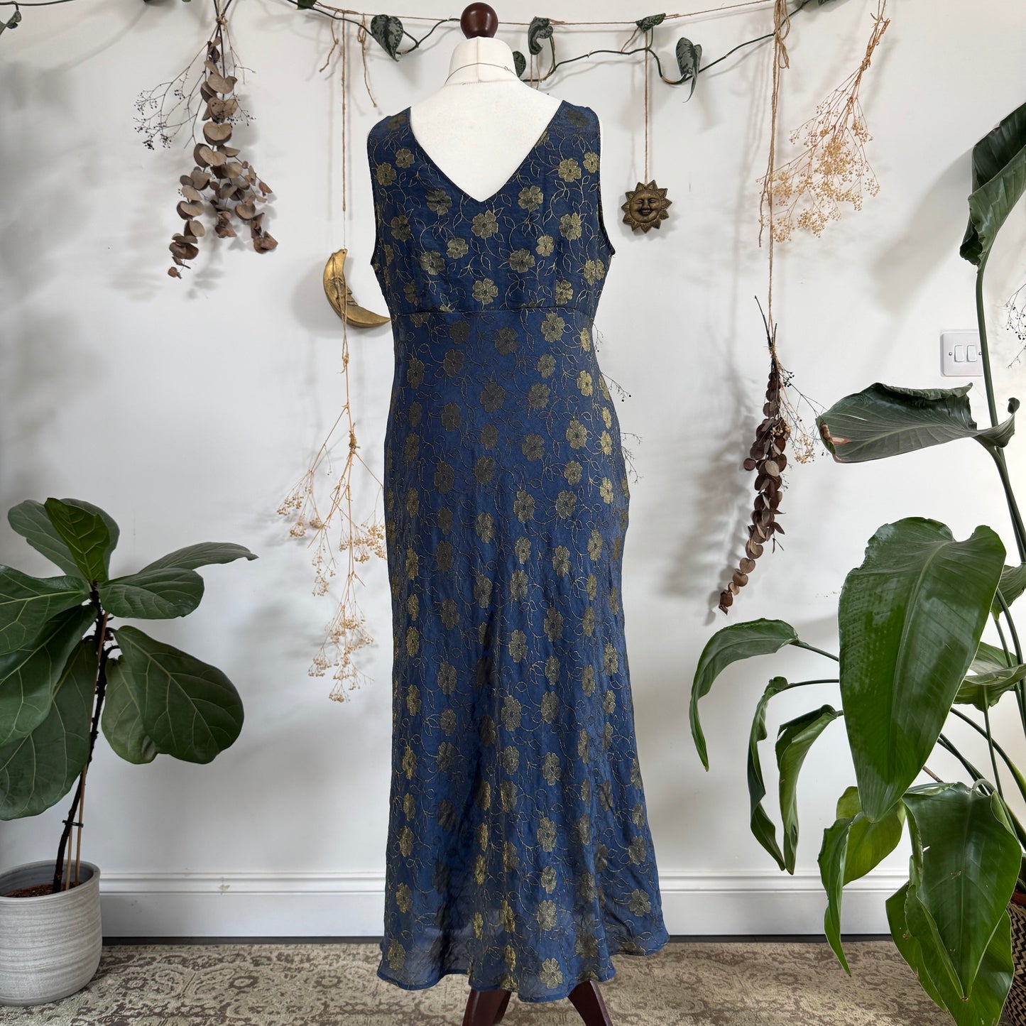Blue gold floral dress - size L