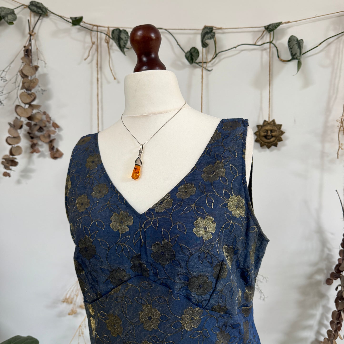 Blue gold floral dress - size L