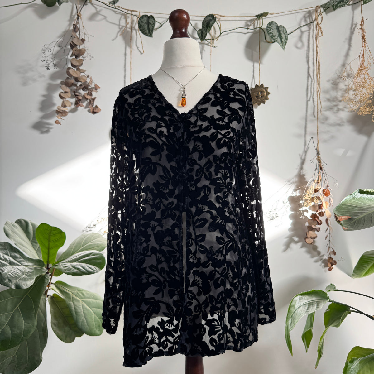 Black velvet embossed blouse - size L