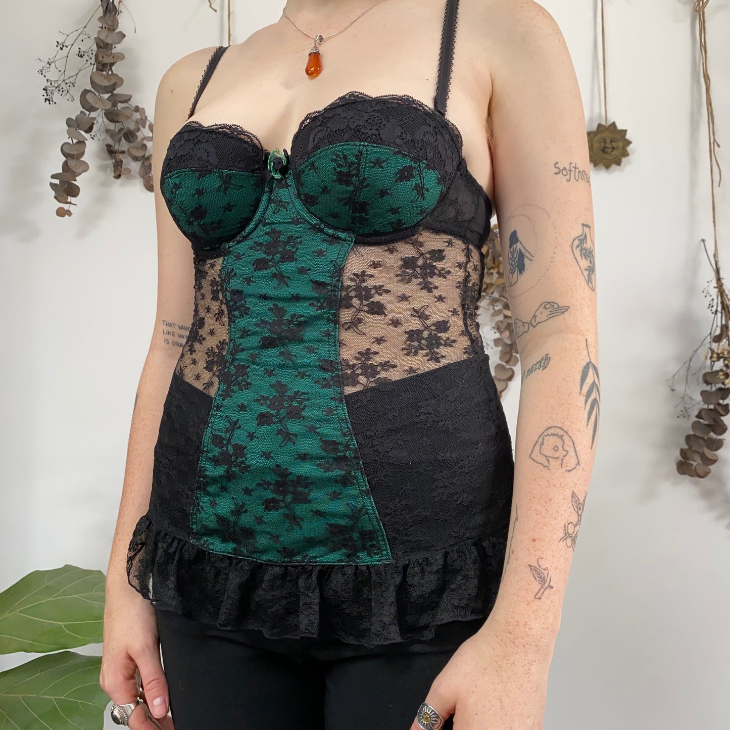 Black green lace corset top - size S