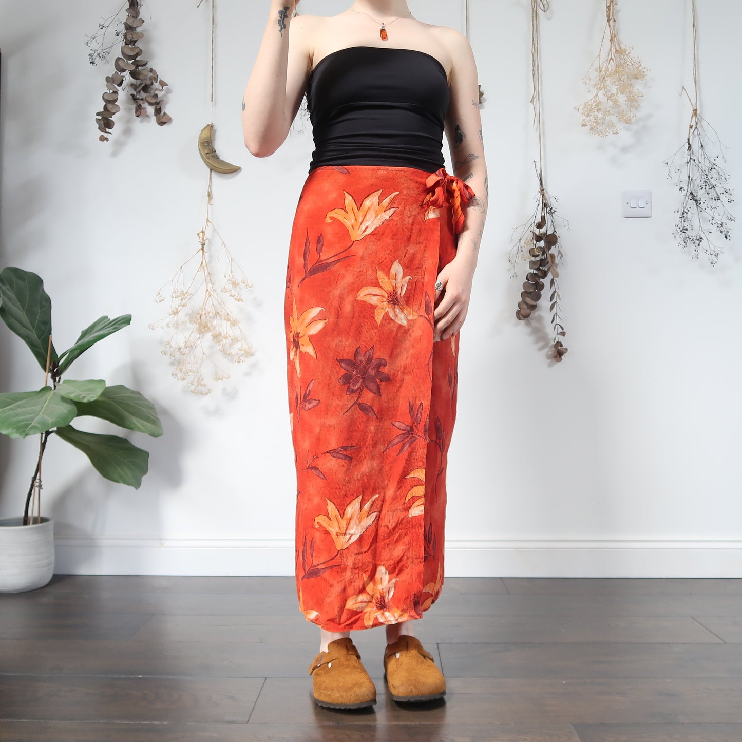 Orange floral wrap skirt - size S