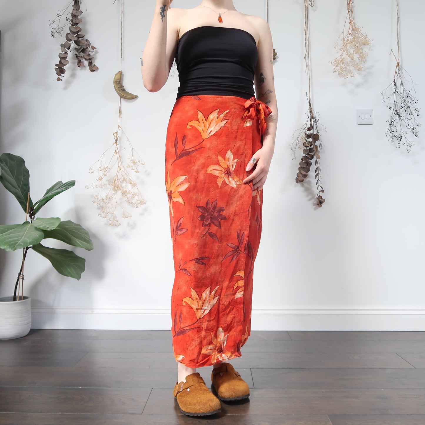 Orange floral wrap skirt - size S