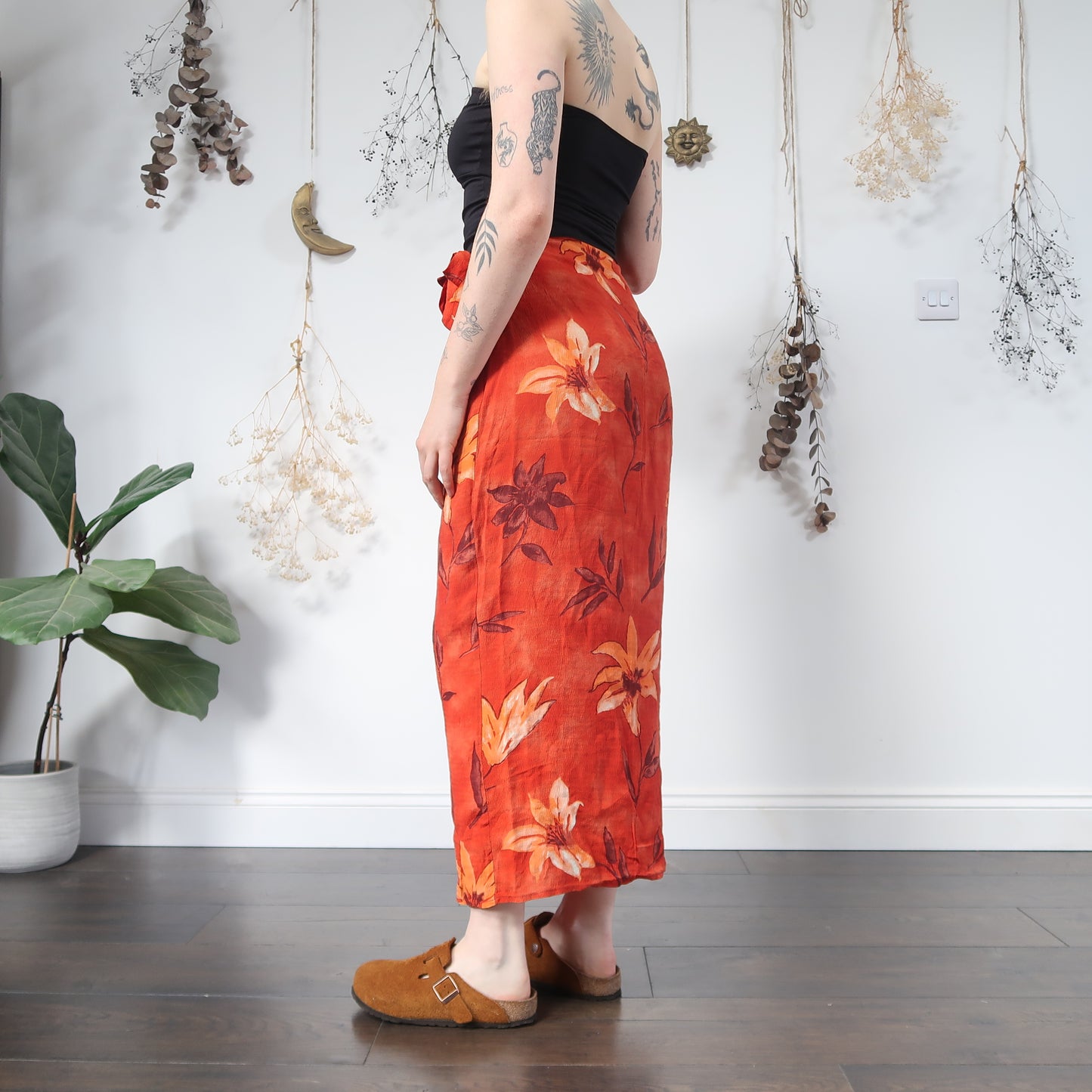 Orange floral wrap skirt - size S