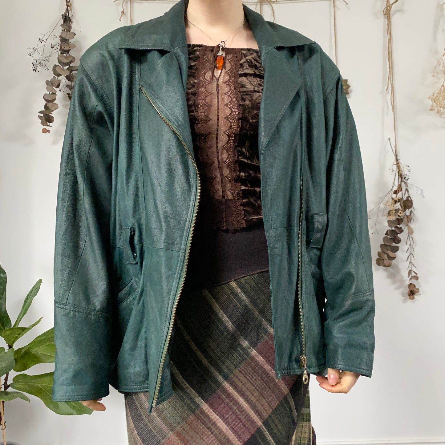 Green leather jacket - size L/XL