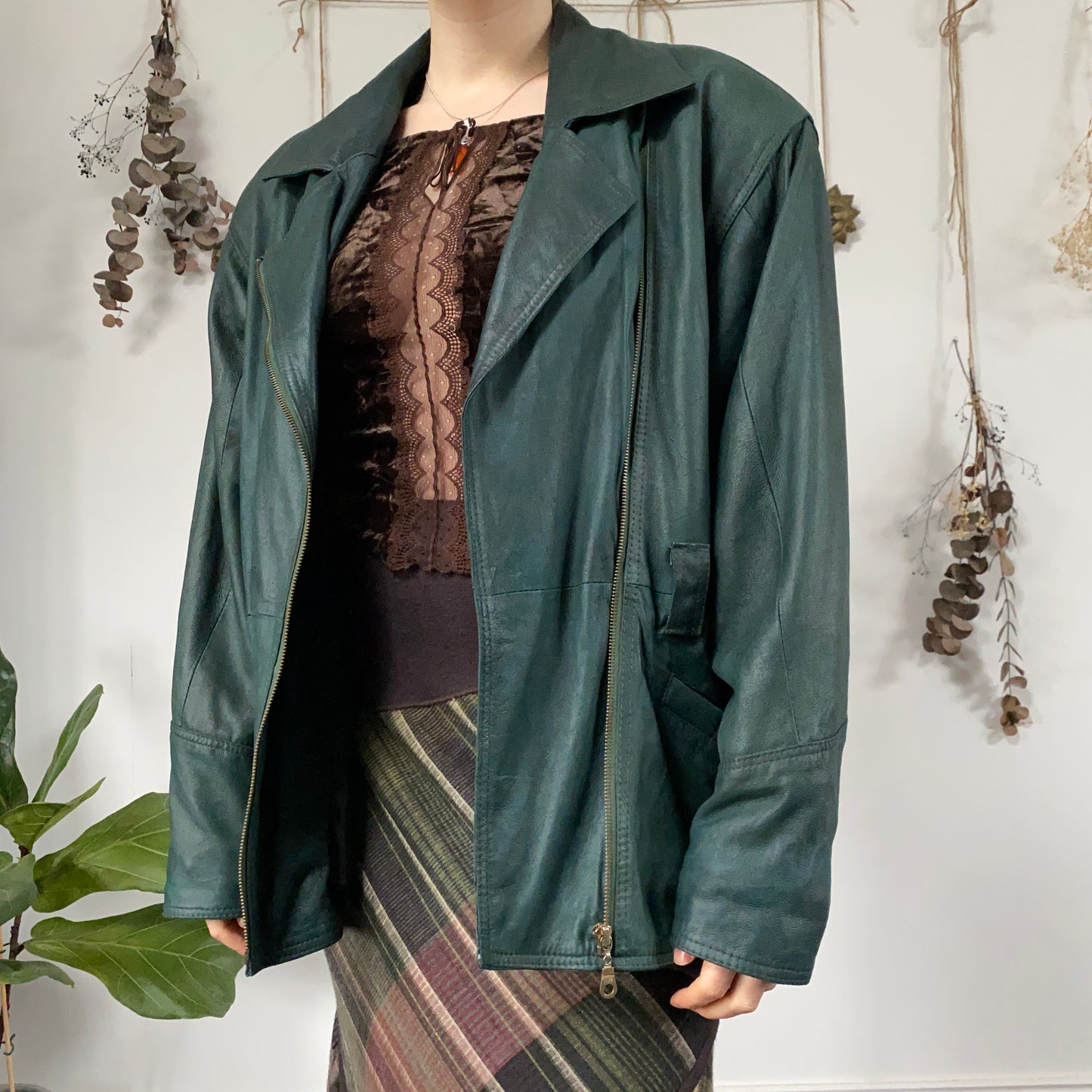 Green leather jacket - size L/XL