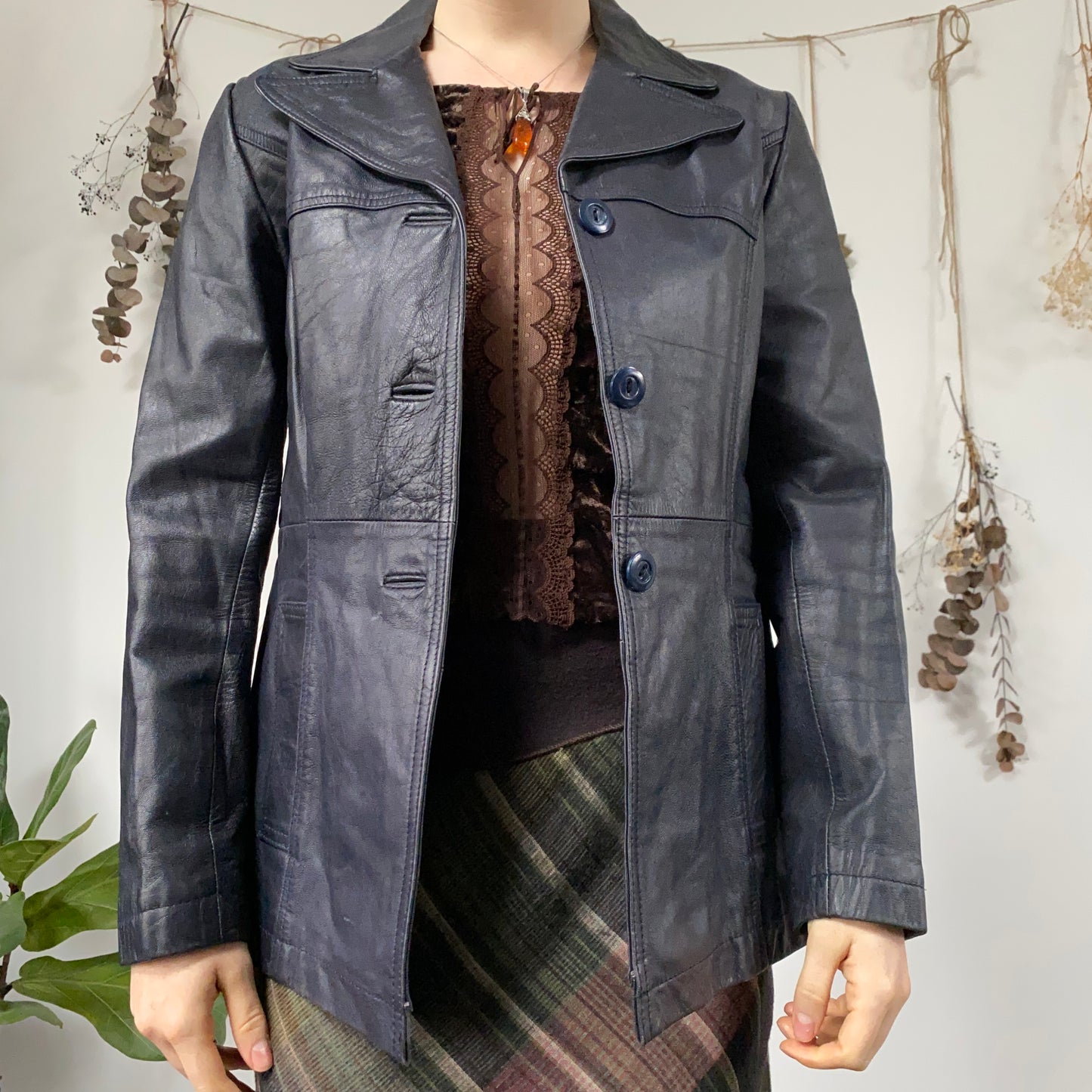Navy blue leather jacket - size S