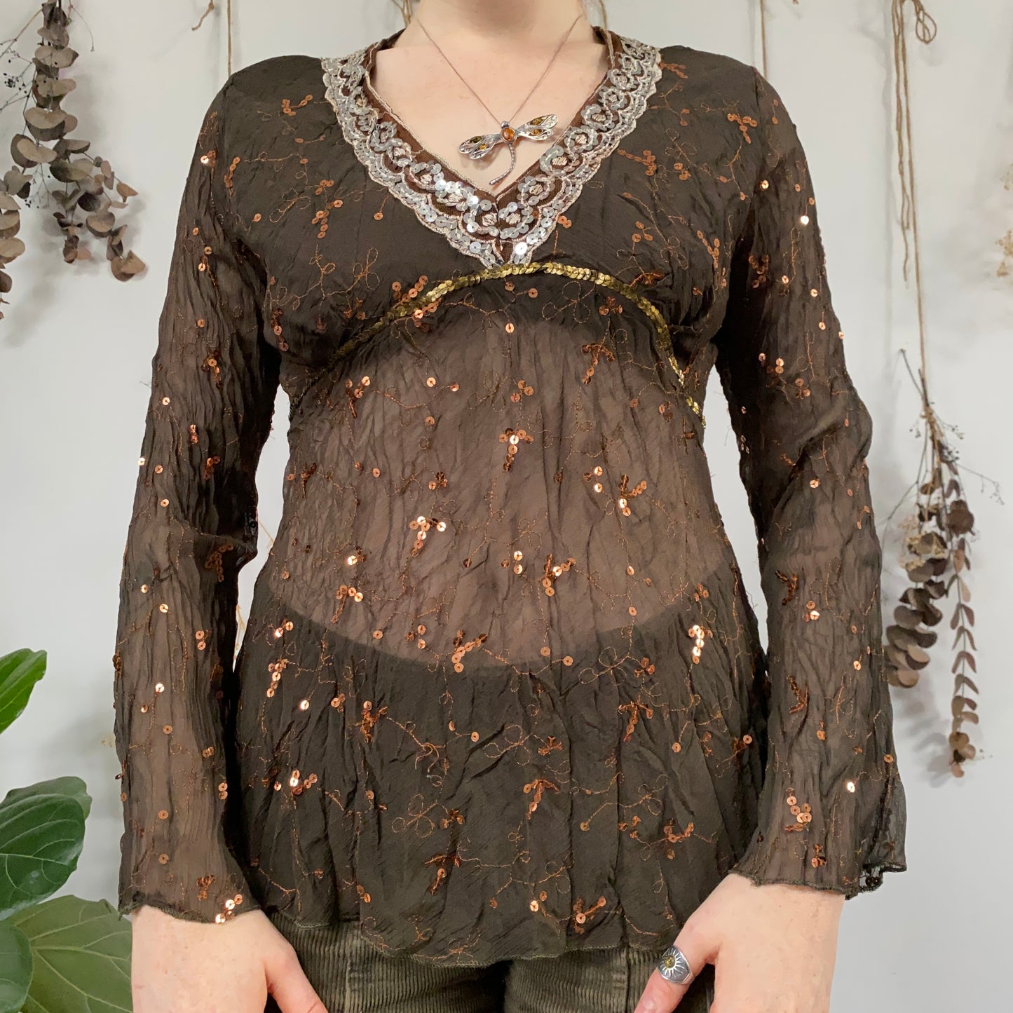 Khaki embroidered top - size M