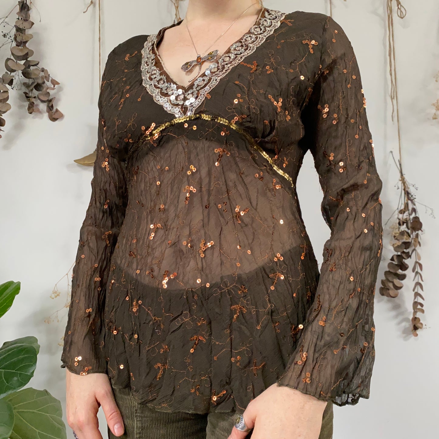 Khaki embroidered top - size M