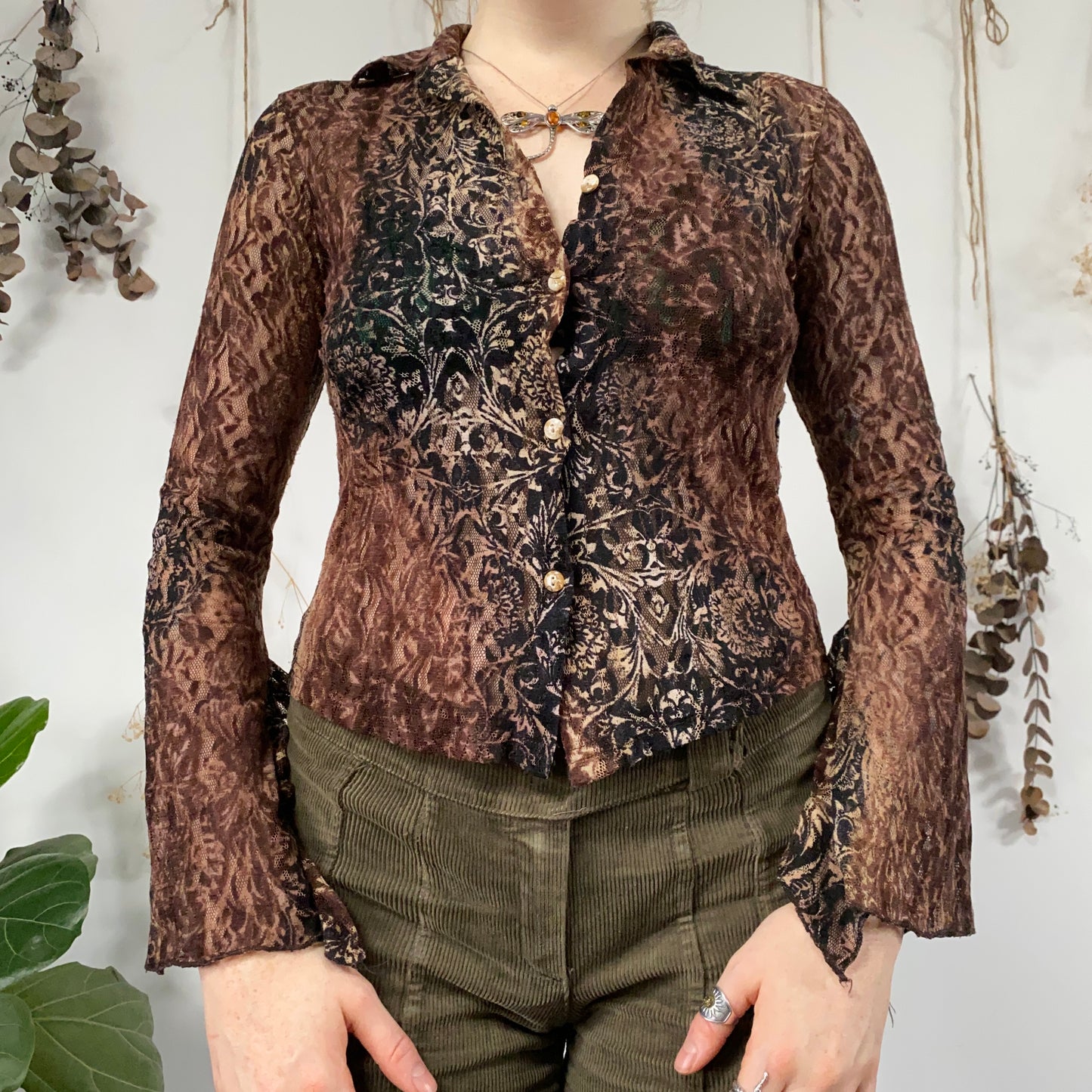 Brown lace mesh shirt - size S/M