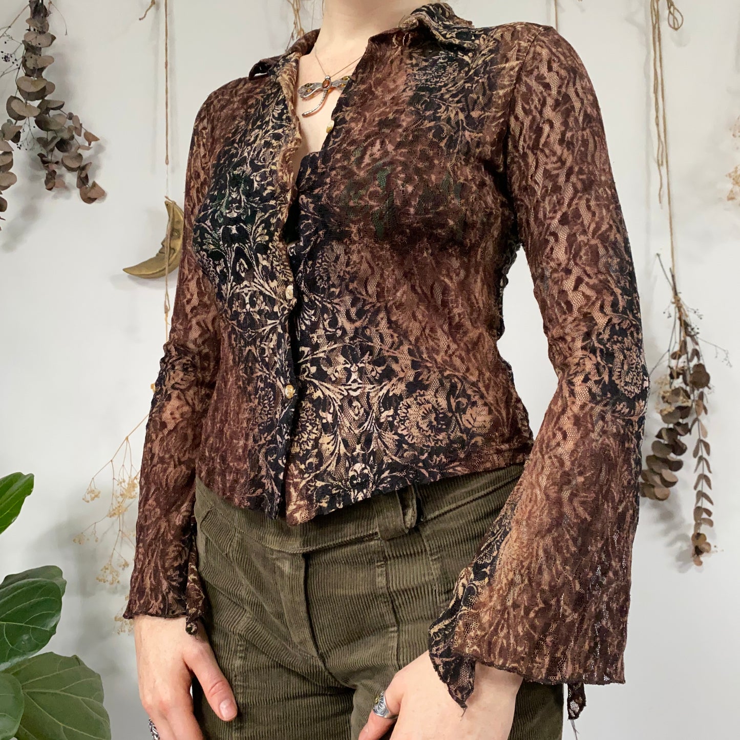 Brown lace mesh shirt - size S/M