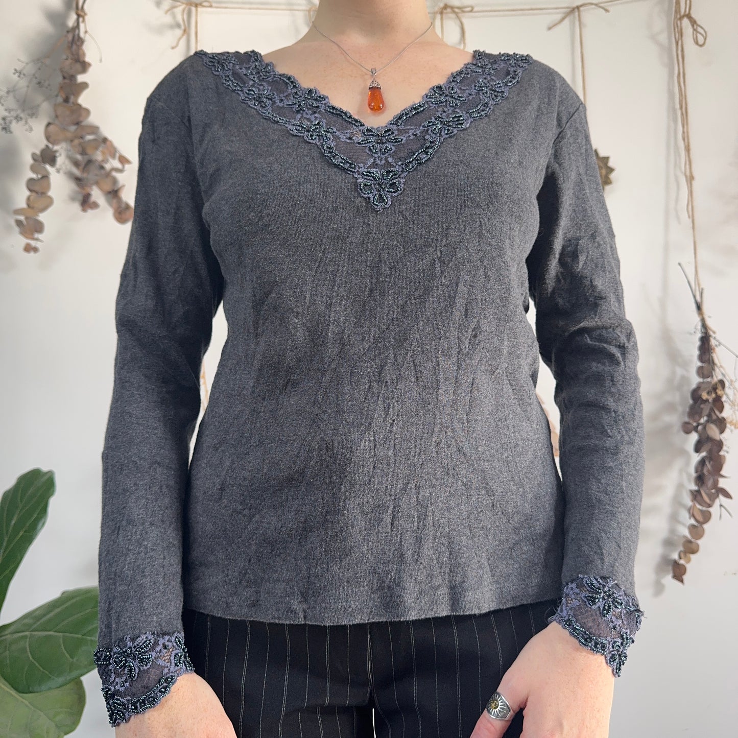 Grey lace trim top - size M/L