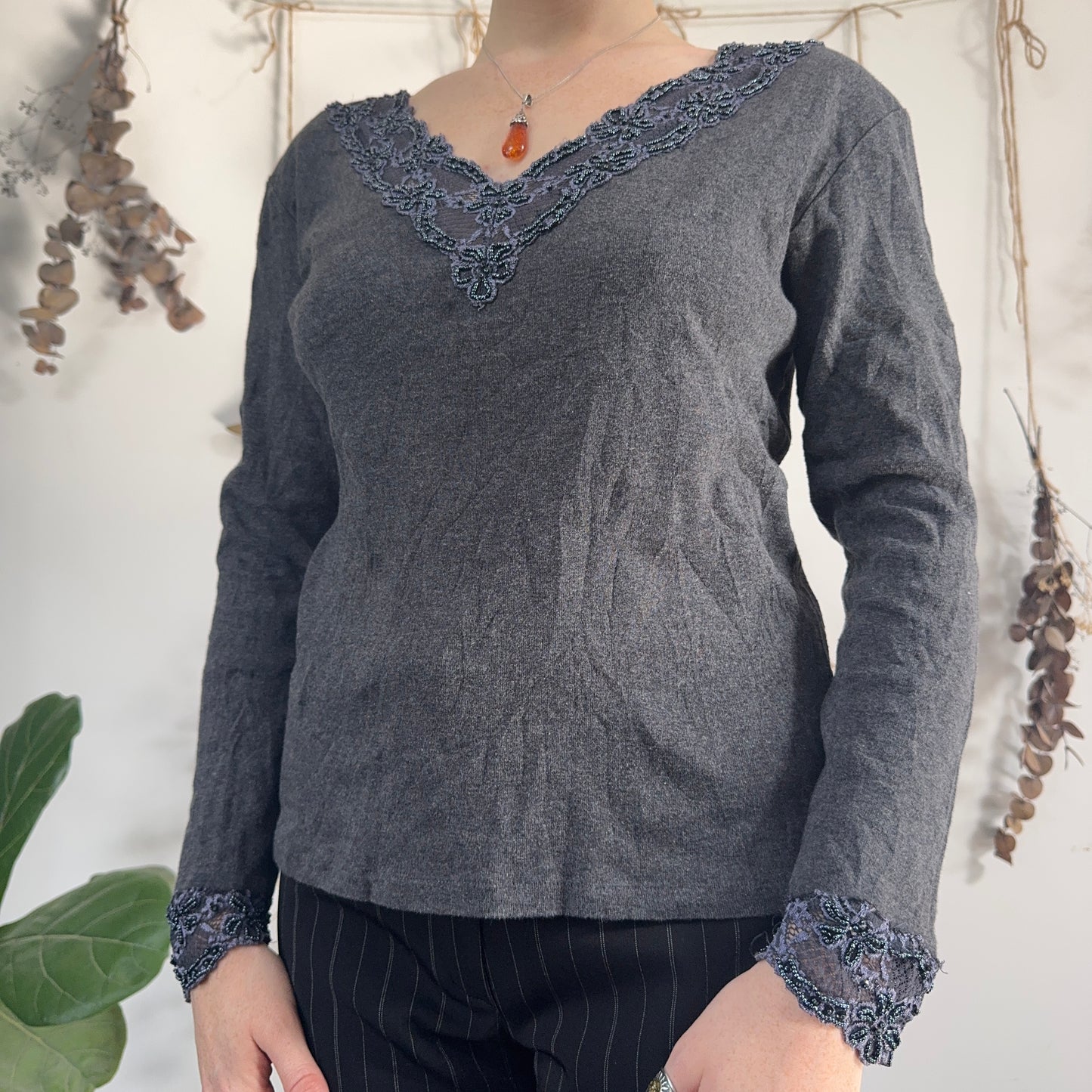 Grey lace trim top - size M/L