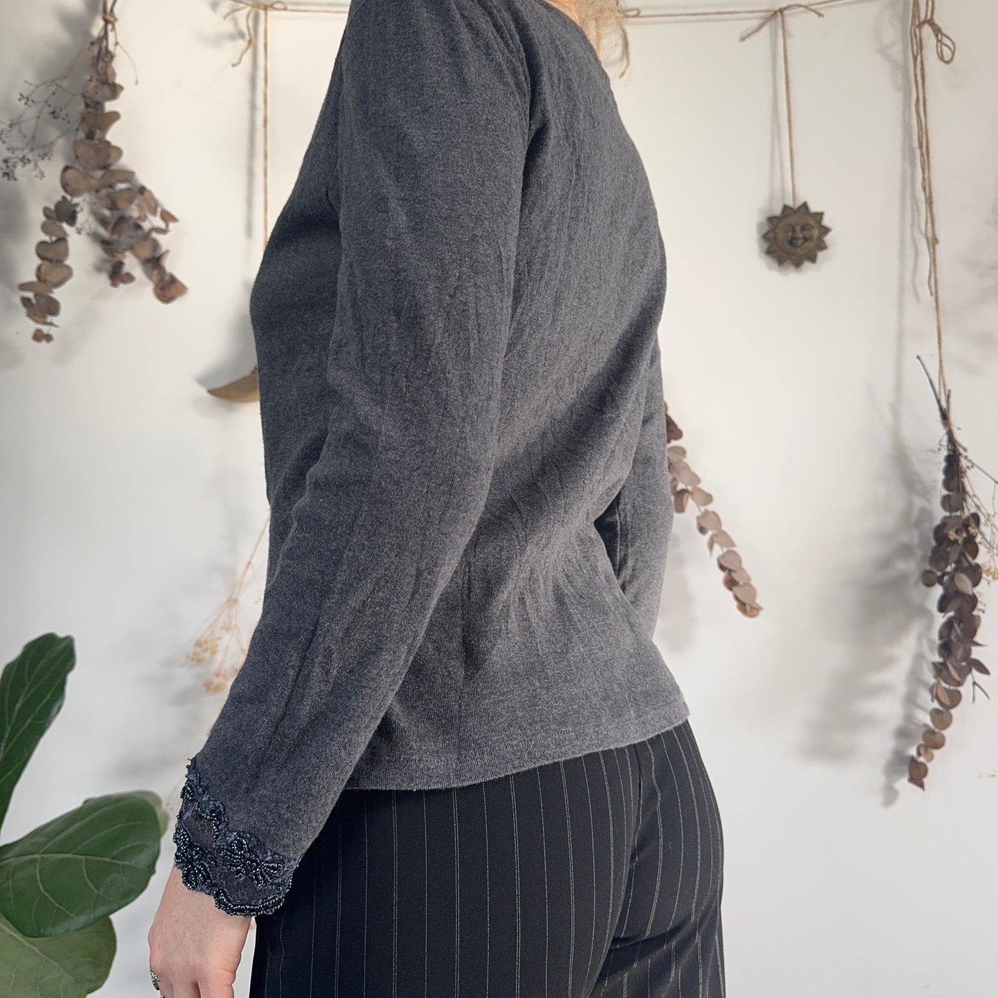 Grey lace trim top - size M/L